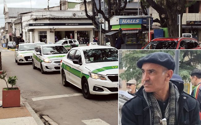 A la izquierda, taxis concentrados frente a la Intendencia de Canelones en rechazo a la regulación de Uber y Cabify; a la derecha, Edgar García, dirigente del sindicato de taxis